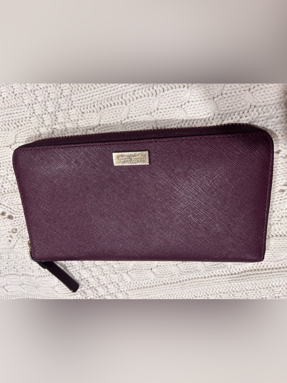 Vintage Kate Soade Plum Saffiano Zip Wallet with Gold Logo. 8 inches by 4.5